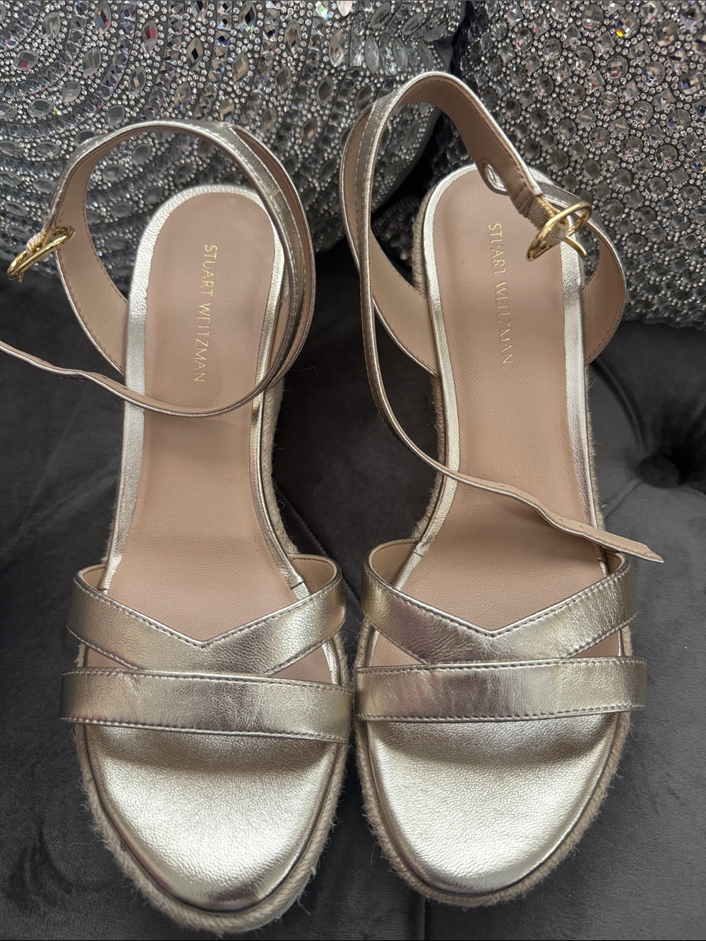 Stuart Weitzman Metallic Silver Leather Ankle-Strap Sandals
